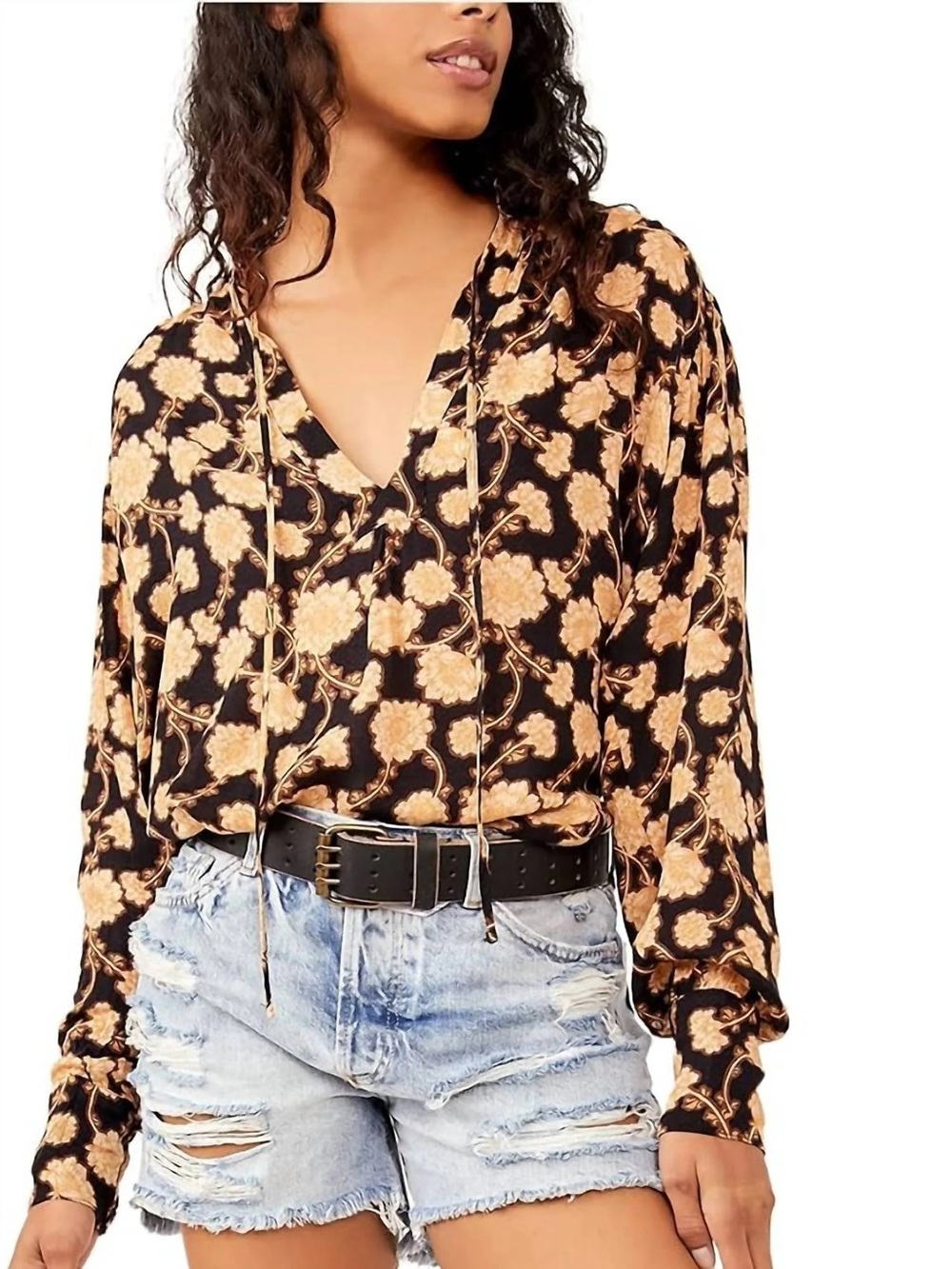 FREE PEOPLE M L Mia Tunic Top in Black Combo • Oversized Boho Floral Blouse